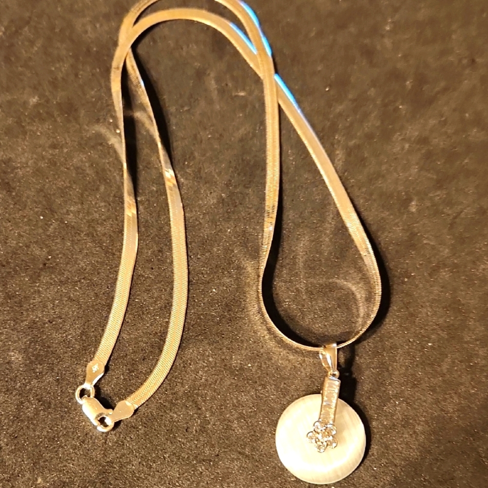 Sterling Herringbone Necklace With White Jade Pendant